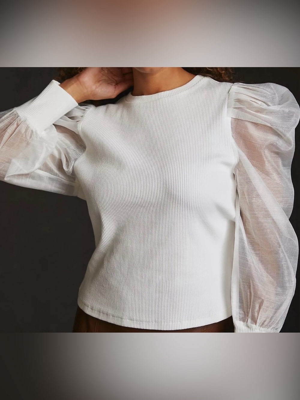 Dolan by Anthropologie White Ribbed Knit Sheer Puff Sleeve Blouse - Size XS
